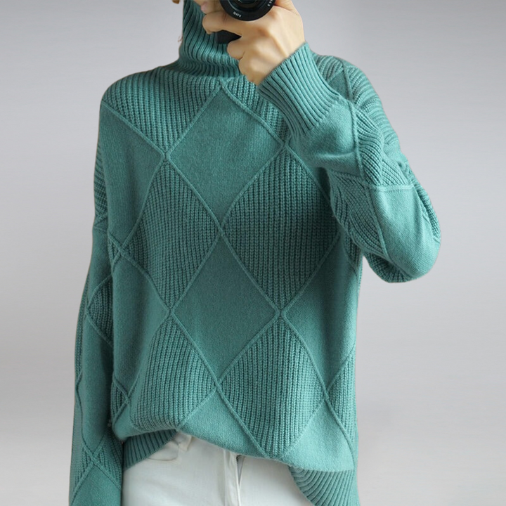 Josephine türkiser Rollkragenpullover mit Rautenmuster, Vorderansicht
