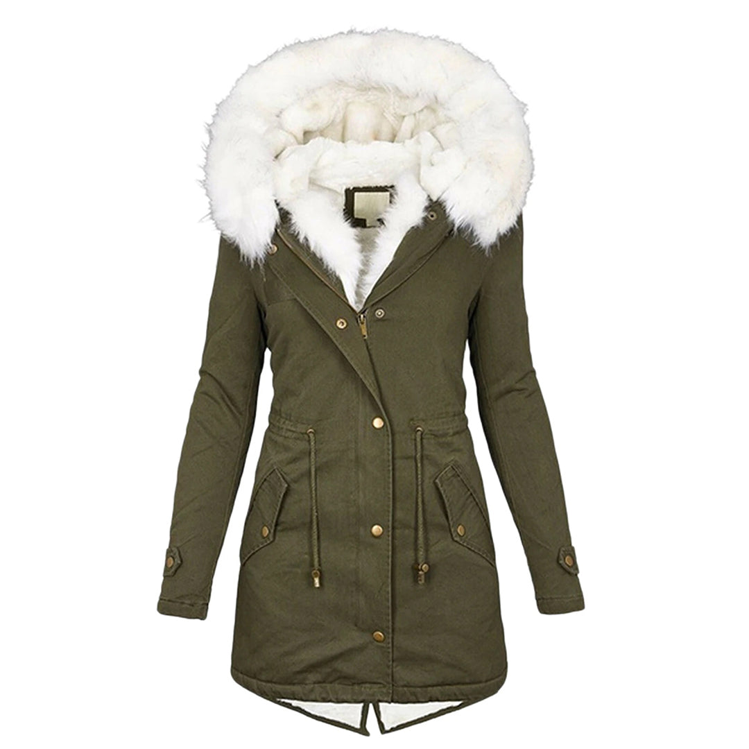 Kerstin Winterjacke in Khaki mit Fellkapuze, Vorderansicht