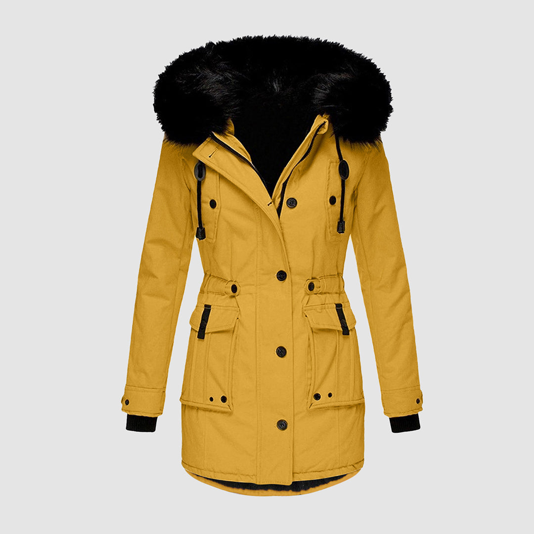 Kiara Winterjacke mit Fellkapuze in Senfgelb, Detailansicht