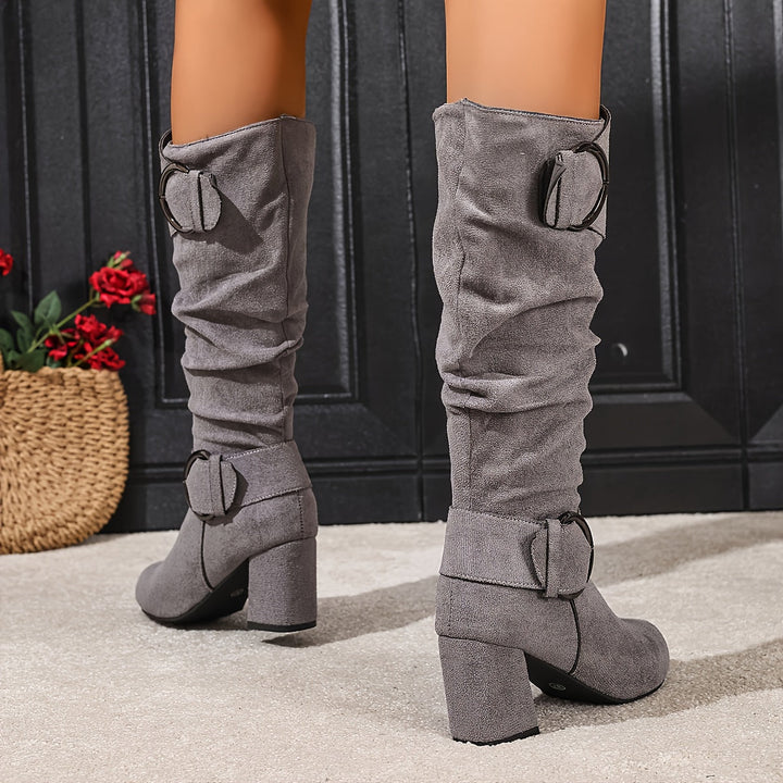 Liska Slouchy Stiefel mit Blockabsatz, beige, Masseangaben und Detailansicht