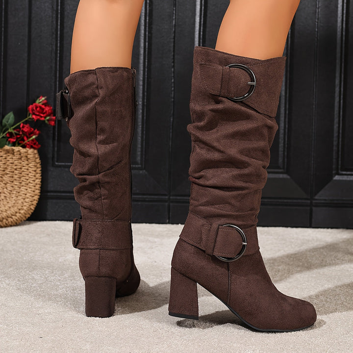Liska Slouchy Stiefel mit Blockabsatz, kaffeebraun, Rückansicht beider Stiefel