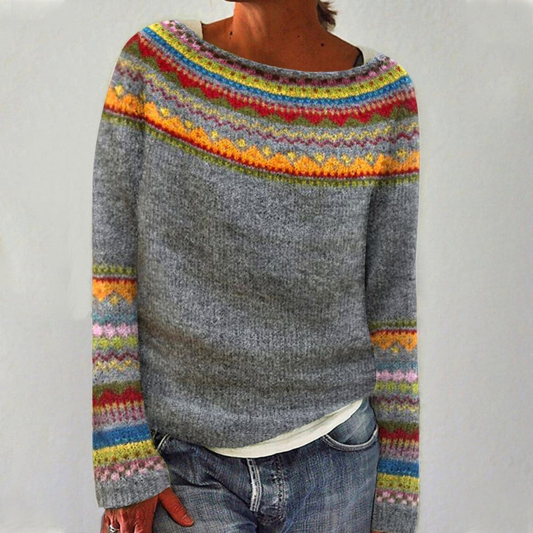 Margaux Fair-Isle Strickpullover mit Rundhalsausschnitt, Nahaufnahme Vorderansicht