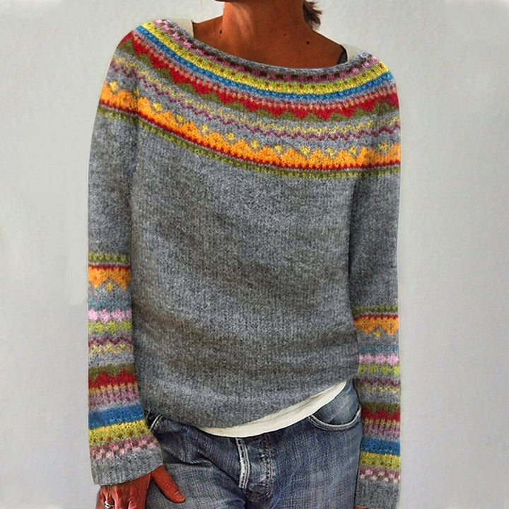 Margaux Fair-Isle Strickpullover mit Rundhalsausschnitt, Nahaufnahme Vorderansicht