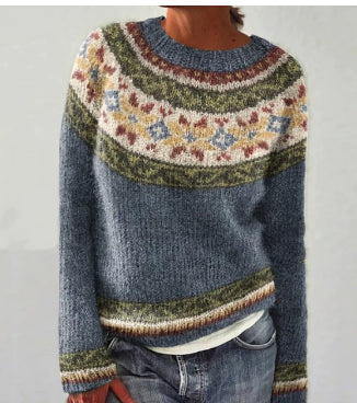Margaux Strickpullover in Blau mit gemustertem Kragen, Detailansicht