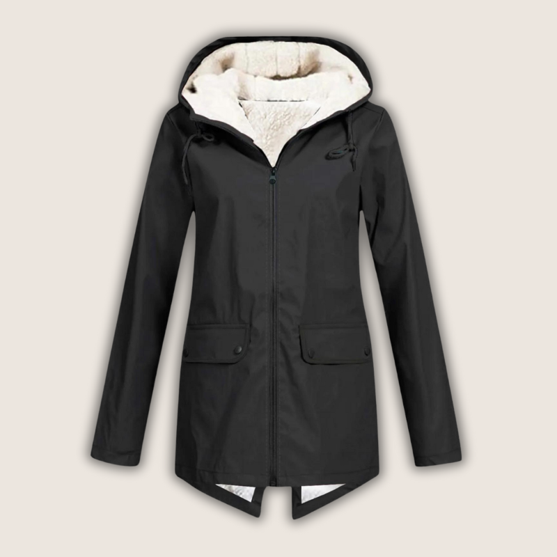 Marlene schwarze Regenjacke mit Kapuze, Vorderansicht
