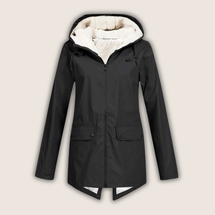 Marlene schwarze Regenjacke mit Kapuze, Vorderansicht