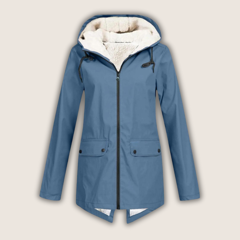 Marlene blaue Regenjacke mit Kapuze, Vorderansicht