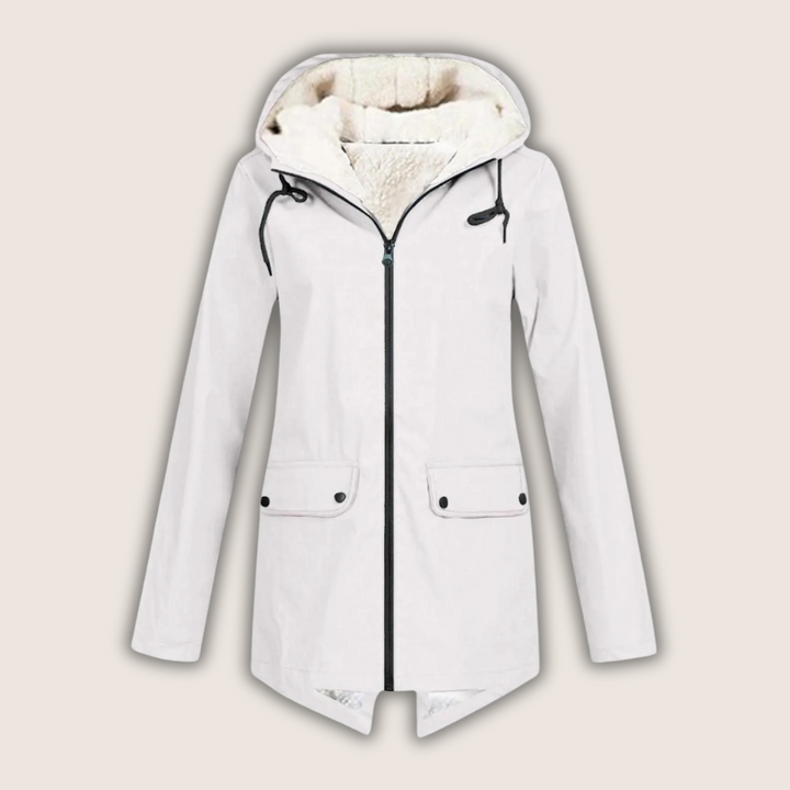 Marlene weisse Regenjacke mit Kapuze, Vorderansicht