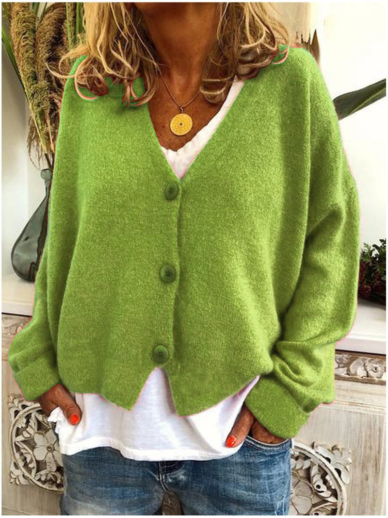 Marlise hellgrüne Strickjacke mit V-Ausschnitt, Vorderansicht