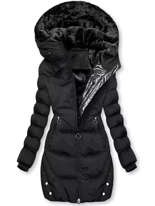 Nadine schwarze gefütterte Winterjacke mit Kunstfellkapuze, Vorderansicht