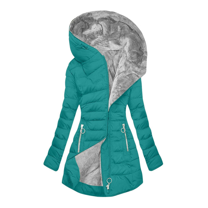 Türkise Steppjacke mit Kunstfellkapuze, Vorderansicht