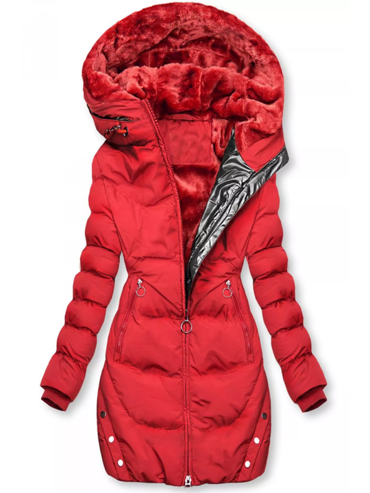 Nadine rote gefütterte Winterjacke mit Kunstfellkapuze, Vorderansicht