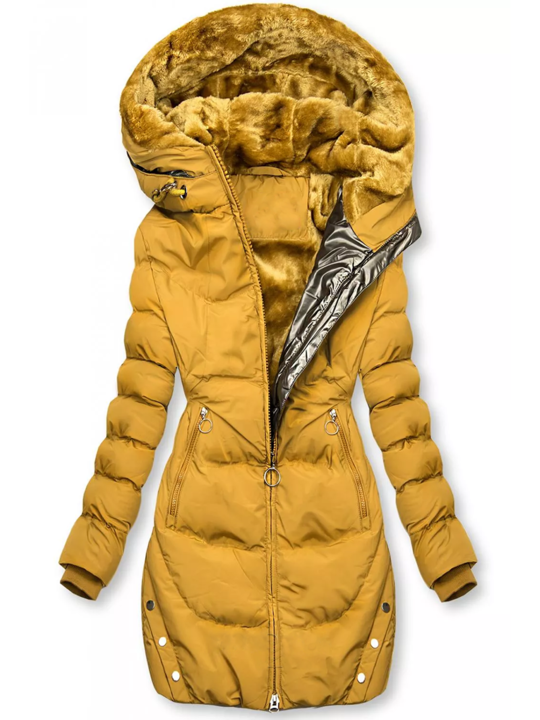 Nadine gelbe gefütterte Winterjacke mit Kunstfellkapuze, Vorderansicht
