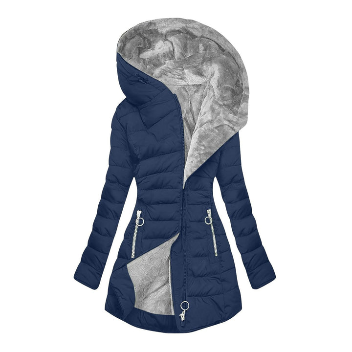 Marineblaue Steppjacke mit Kunstfellkapuze, Vorderansicht
