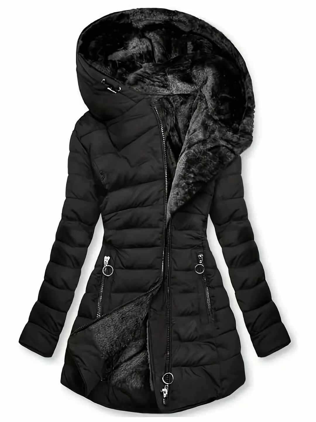 Schwarze Steppjacke mit Kunstfellkapuze, Vorderansicht