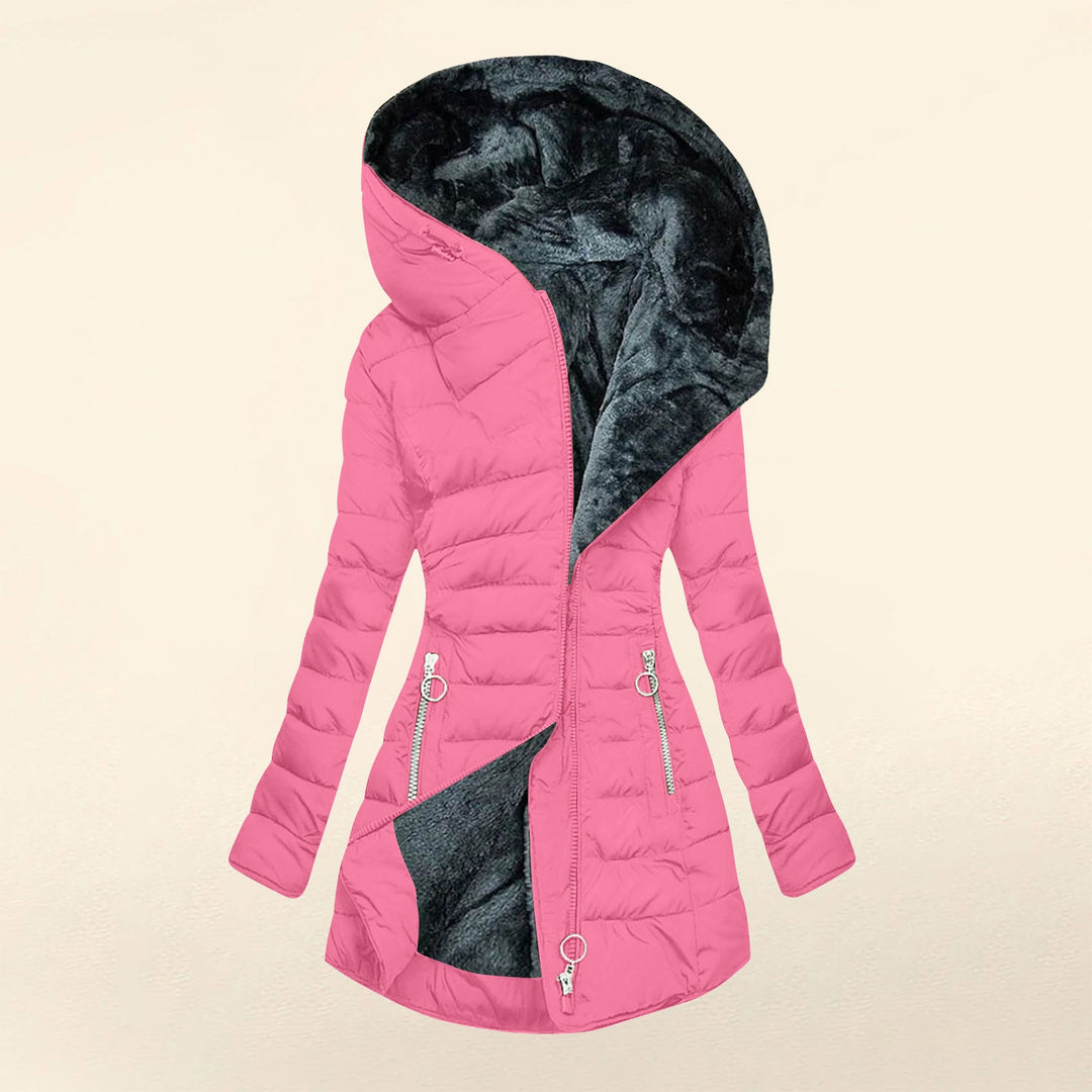 Pinke Steppjacke mit Kunstfellkapuze, Vorderansicht