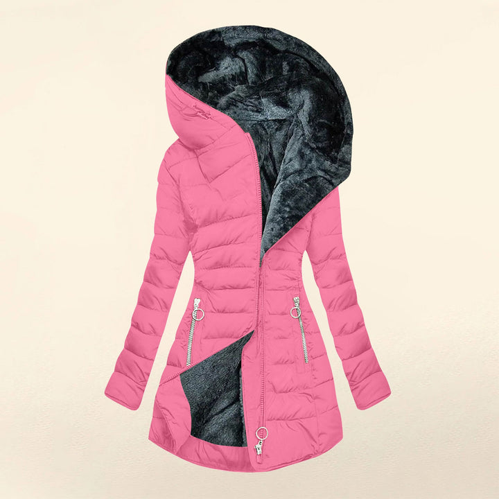Pinke Steppjacke mit Kunstfellkapuze, Vorderansicht