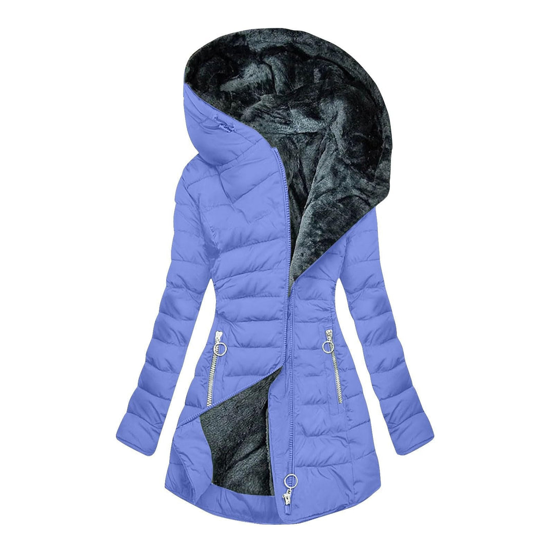 Blaue Steppjacke mit Kunstfellkapuze, Vorderansicht