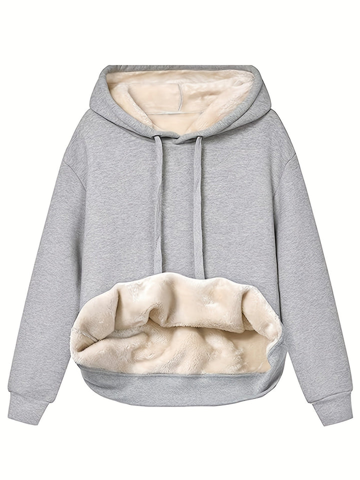 Nessa hellgrauer Fleece Hoodie mit Kordelzug, Vorderansicht