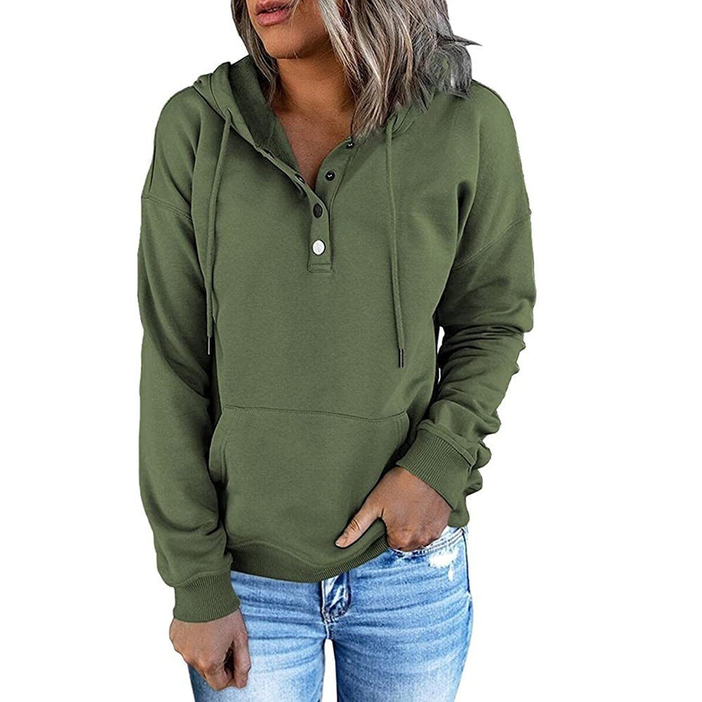 Priska Kapuzenpullover mit Knopfleiste in Olivgrün, Vorderansicht
