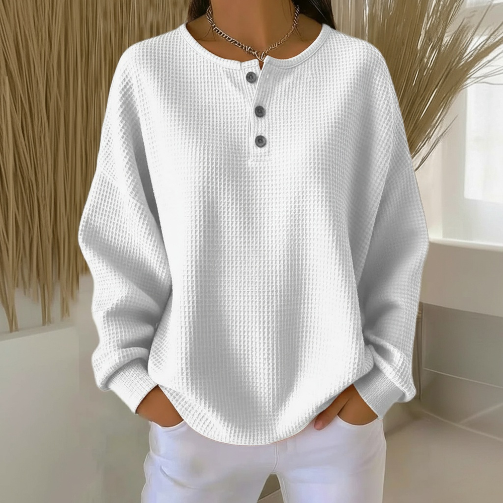 Runa weisser Oversize Waffelpullover mit Knopfleiste, Vorderansicht