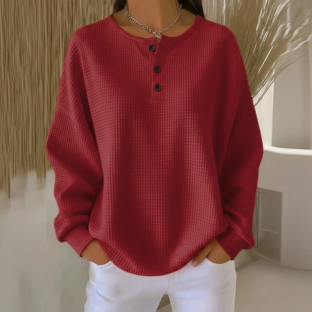 Runa roter Oversize Waffelpullover mit Knopfleiste, Vorderansicht