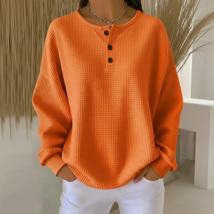 Runa oranger Oversize Waffelpullover mit Knopfleiste, Detailansicht