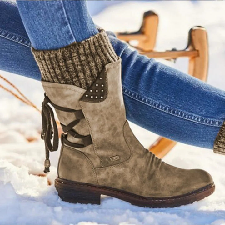 Sanna Mid-Calf Boots mit Strickbündchen in Khaki, Seitenansicht