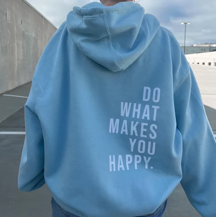 Sofia Oversized Kapuzenpullover in Blau mit weissem Schriftzug-Print, Rückenansicht