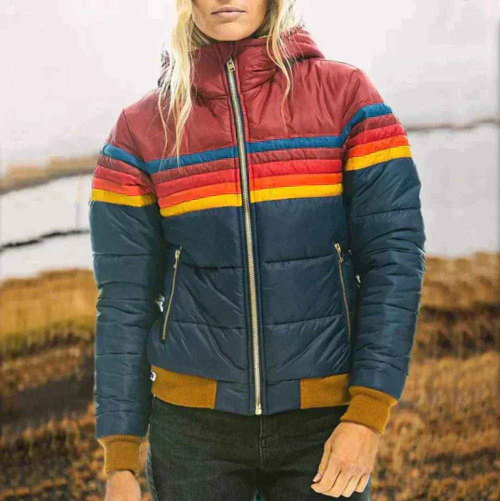 Talina Winterjacke mit Kapuze und Colorblock-Streifen, Vorderansicht in Dunkelblau