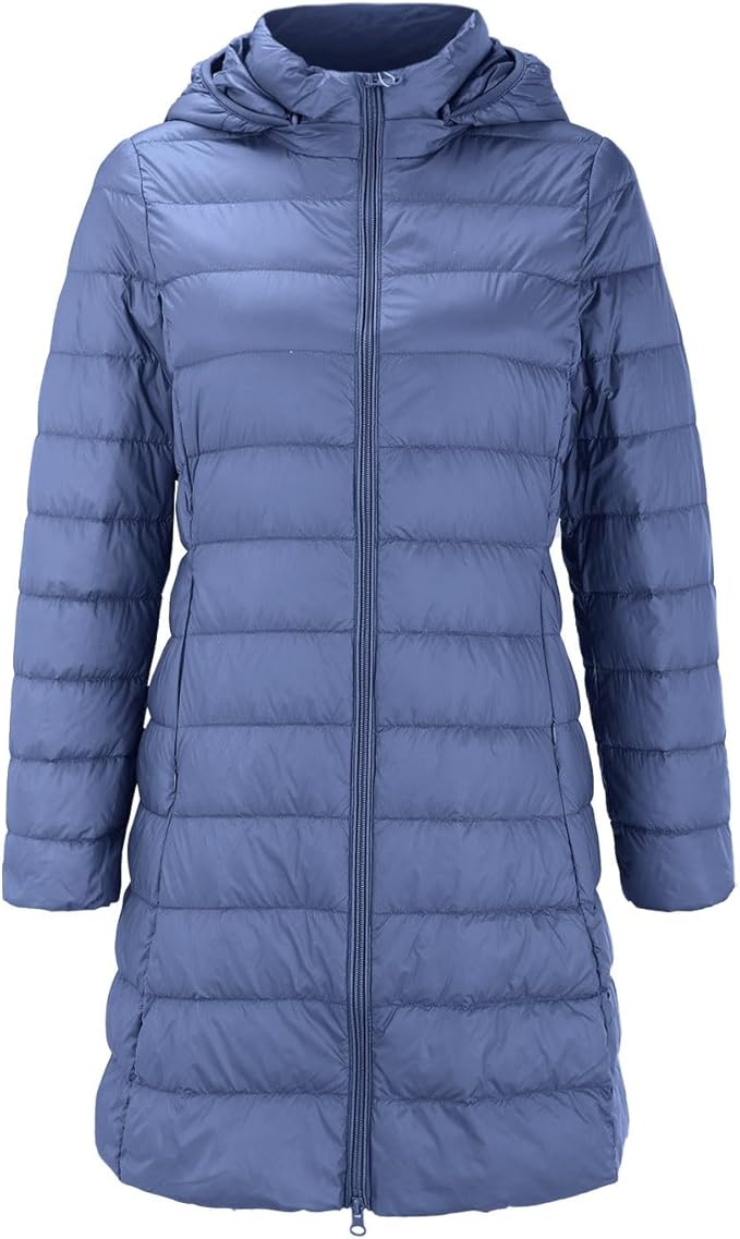 Talina blaue Steppjacke mit Kapuze, Frontansicht geschlossen