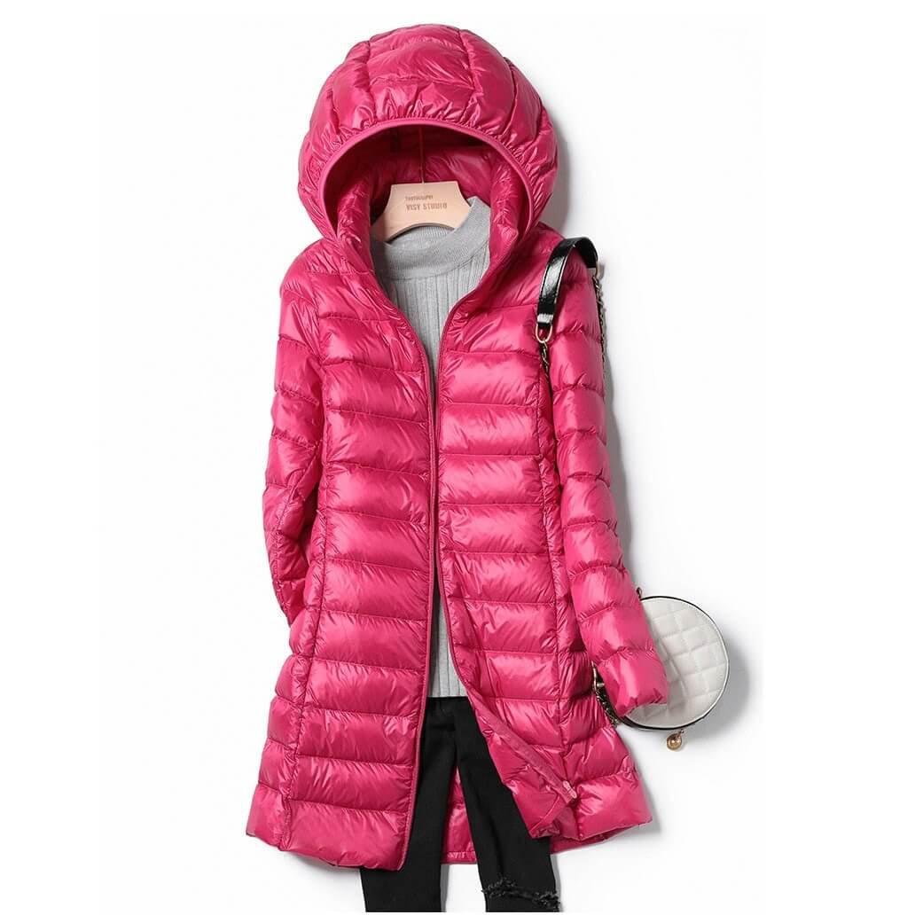 Talina pinke Steppjacke mit Kapuze, offen getragen