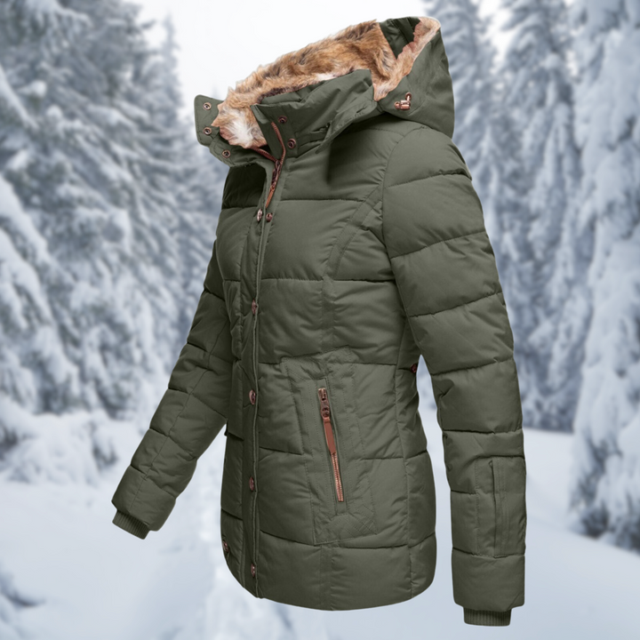 Verena Winterjacke mit Fellkapuze, Seitenansicht in Olivgrün