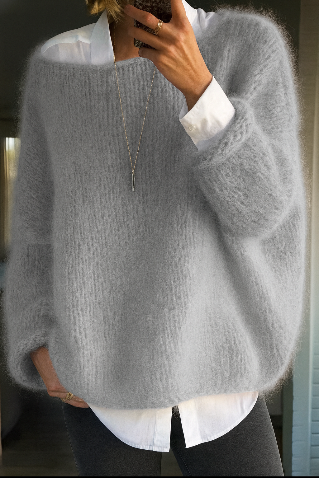 Vivienne Oversized Grobstrick Pullover in Grau, Vorderansicht