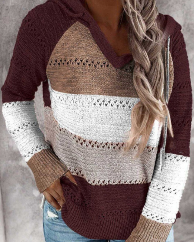 Yara Colorblock Kapuzenpullover in Weinrot-Beige, Vorderansicht